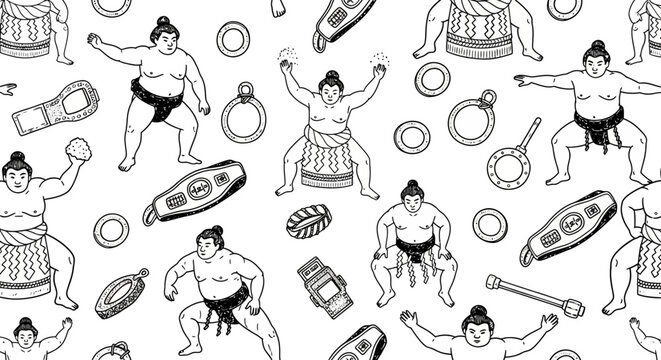Dynamic Sumo Wrestlers Action Pattern Illustration for Cultural Design Projects