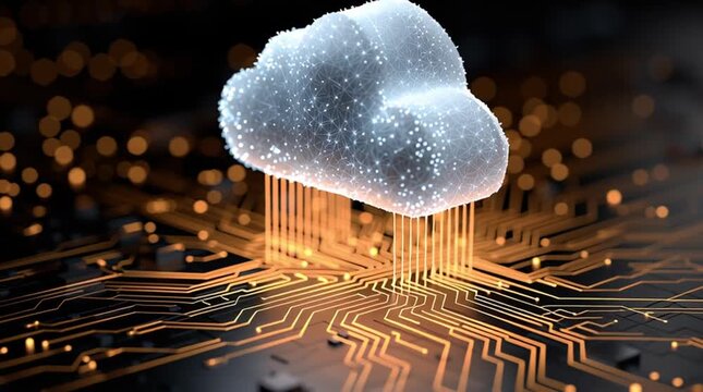 Digital cloud icon connected to a circuit board representing secure data flow and edge to cloud computing connectivity. horizontal video