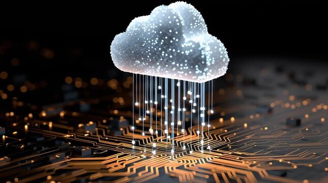 Digital cloud icon connected to a circuit board representing secure data flow and edge to cloud computing connectivity. horizontal video