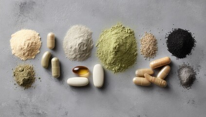 A flat lay of various powdered supplements and capsules arranged neatly on a gray surface, showcasing a diverse range of health products.