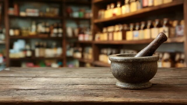 Mortar and pestle on counter in herbal store