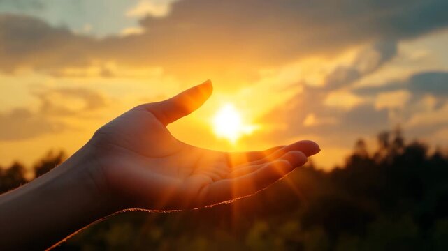 Hand gently holding the setting sun