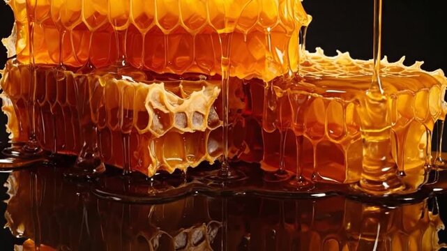 Close-up of golden honey dripping from honeycomb, showcasing natural sweetness and texture.