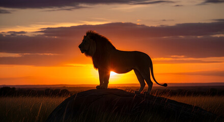 Majestic lion standing on a rock at sunset in the savannah.