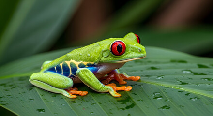 Vibrant Red Eyed Tree Frog on a Wet Leaf.