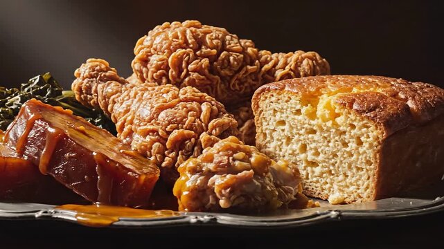 A close up view of delicious fried chicken and various side dishes for dinner on silver plate slow motion
