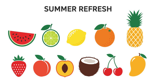 Ten stylized flatdesign fruits arranged in two rows under the text SUMMER REFRESH