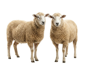 Fototapeta premium Two beige wool sheep standing side by side, livestock portrait on white studio backdrop