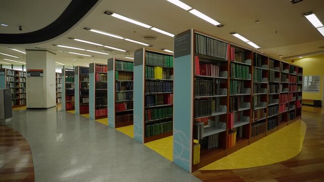 Interior of a university library with bookshelves arranged in rows at a university in Bangkok, Thailand.