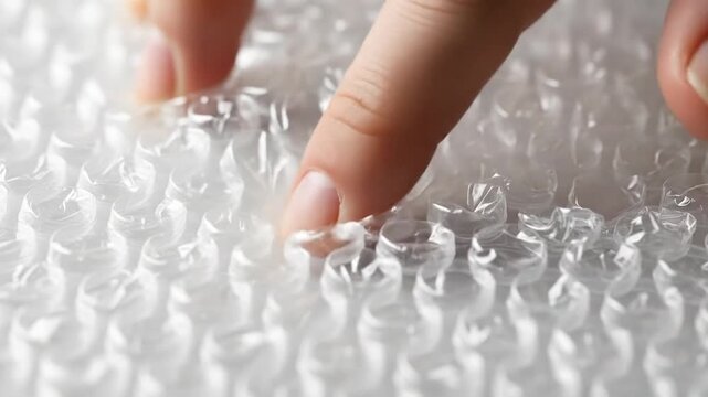 Close up of fingers popping bubble wrap on a white surface