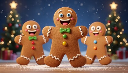 Fototapeta premium Gingerbread Family's Holiday Cheer: A trio of gingerbread men, embodying festive spirit, stands joyfully amidst twinkling Christmas trees, celebrating the joy of the holiday season.
