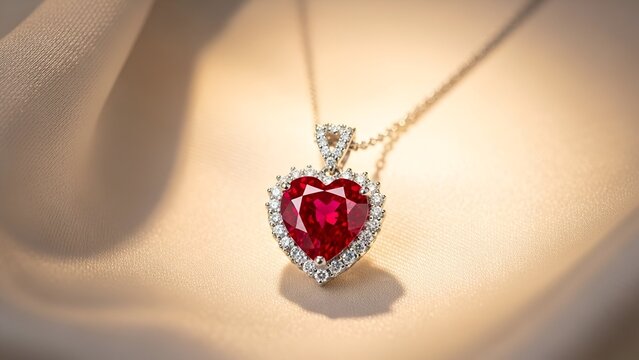 Luxury rose gold necklace with tiny crystals and heart-shaped ruby pendant in warm professional lighting
