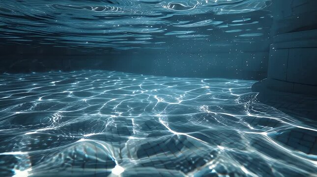 A photorealistic, 8K resolution video of a pristine swimming pool surface. Featuring dramatic volumetric lighting, soft caustic shadows, and a smooth cinematic focus track. Rendered in a 16:9 cinemati
