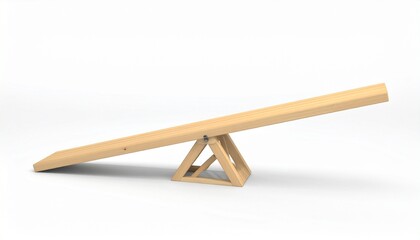 Wooden seesaw angled upward on one side, resting on a triangular fulcrum, symbolizing leverage and equilibrium in physics.