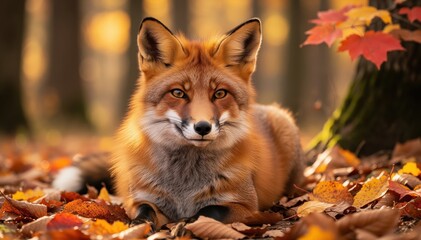 Obraz premium Autumn Fox: A vibrant red fox, the quintessential symbol of autumn, rests regally amidst a tapestry of fallen leaves and the warm hues of the season.