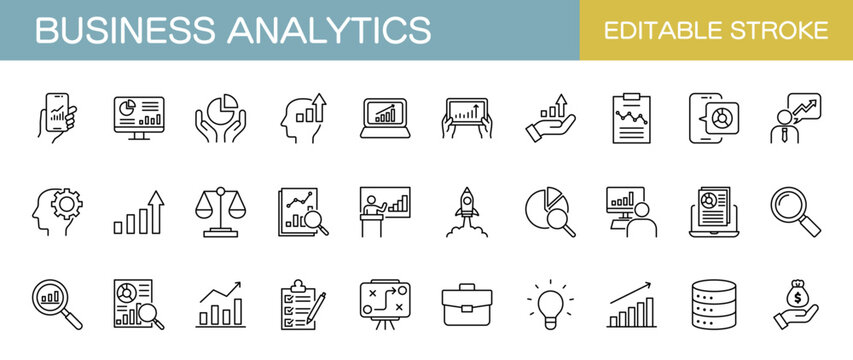ビジネスアナリティクスに関するアイコンセット　（線幅編集可能 ）