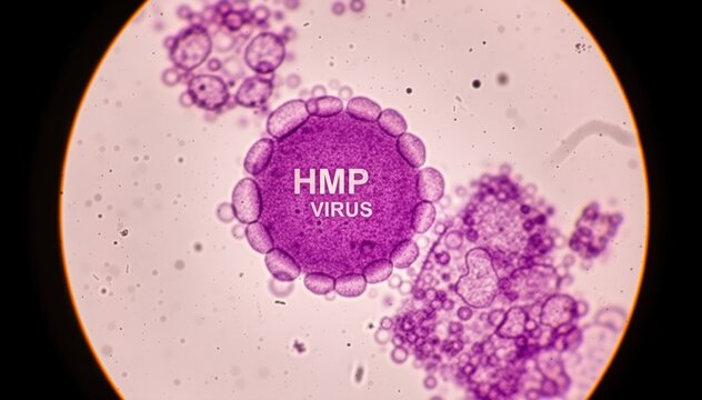 HMP Virus in Microscopic: Illustrative image of an HMP virus magnified, revealing its intricate structure and potential impact on a cellular level.