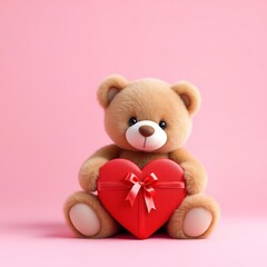 Cute teddy bear holding a red heart-shaped gift box, a sweet symbol of love and affection for Valentine's Day.