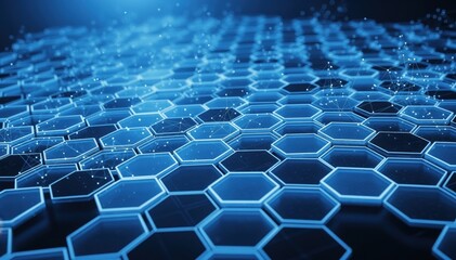 Obraz premium Hexagonal Tech: An abstract, futuristic pattern of connected hexagonal shapes shines with a soft, ethereal blue light. Perfect for conveying the essence of technology, networks.