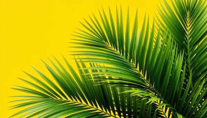 Obraz premium Palm Fronds Against a Vibrant Yellow Backdrop: A close-up shot showcasing the intricate patterns of lush, green palm fronds set against a radiant yellow background.