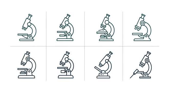 Illustration of different microscope styles arranged in a grid-like structure for science