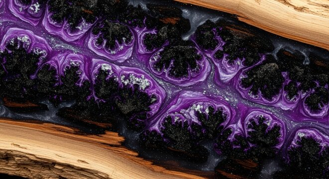 Close-up of a unique wooden surface with a vibrant purple epoxy resin river flowing through it, showcasing intricate patterns and textures