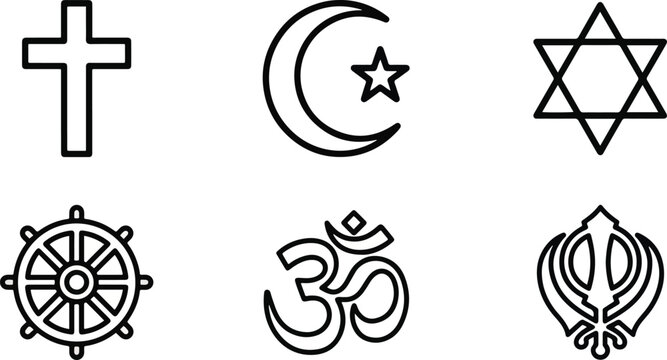  Set of 6 Major World Religions Line Art Icons 2026: Christianity Cross, Islam Crescent, Judaism Star, Buddhism Wheel, Hinduism Om, and Sikhism Khanda Vector Symbols 2026 religion, religious, faith, s