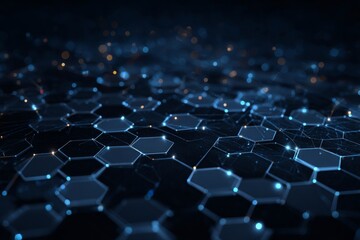 Fototapeta premium Abstract Dark Blue Hexagonal Background with Glowing Lines and Dots for Technology or Science Themes