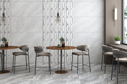 Dining restaurant interior showcasing stone textures, tiled walls, and stylish decor elements, wooden circular tables and chairs. Mockup. 3D Rendering. 3D Illustrations