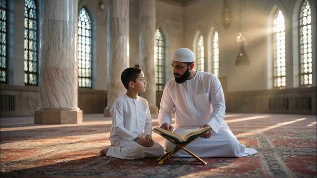 A Middle Eastern Muslim father and son reading the Quran on mosque carpet in early morning light, faces softly blurred in a serene spiritual moment, 4k video footage