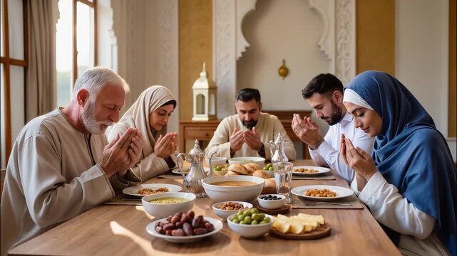 Group of people in traditional attire praying together around a dining table with olives and dates under warm lantern light, serene spiritual gathering before a shared meal, 4k video footage
