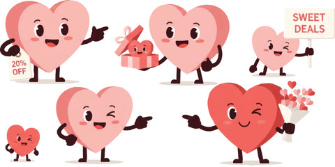 Obraz premium Hearts' Delight: A collection of cute, personified heart characters expressing emotions with charm and holding gifts and signs that evoke feelings of affection and care. 