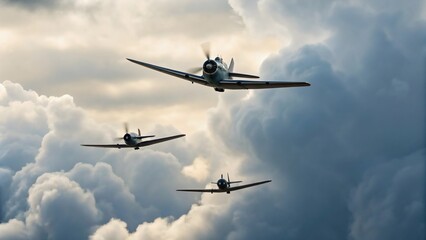 Vintage planes flying in formation through cloudy sky