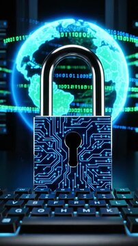 Digital security concept with a glowing padlock over a keyboard and an illuminated globe