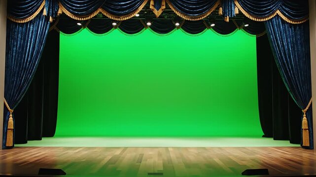 This wide-angle shot captures a dramatic theater stage featuring rich blue velvet curtains and a bright green screen ready for chroma key compositing.