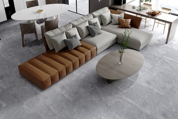 Living room interior featuring marble accent floor, textured tiles, plush seating, and modern decor styling, brown and grey comfy sofa set, wooden center coffee table. 3D Illustrations. Mockup. 3D Ren © Jenish