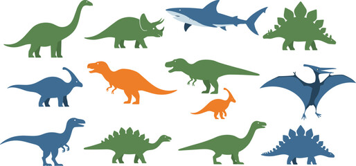Dinosaur Silhouette Vector Set Featuring Prehistoric Animals Including T Rex Stegosaurus Triceratops Pterodactyl and Marine Reptiles for Education and Design © Md