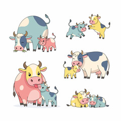 Obraz premium Cows With Calves Cartoon Set