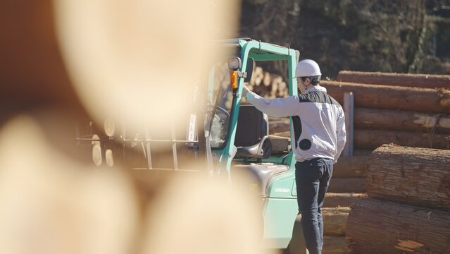 フォークリフトに乗り込む林業従事者 : 多摩木材センター協同組合