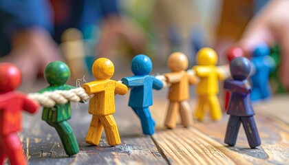 Colored wooden figurines hold a thick rope in a row on a wooden surface with sunlight and greenery background.