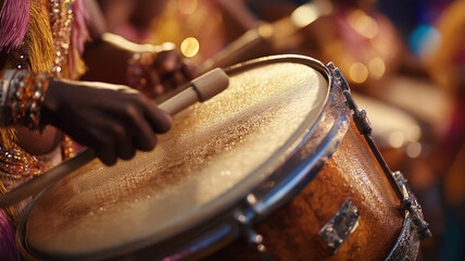Naklejka premium Hands skillfully strike the glimmering drum in a festive atmosphere of colors and rhythm Generative AI