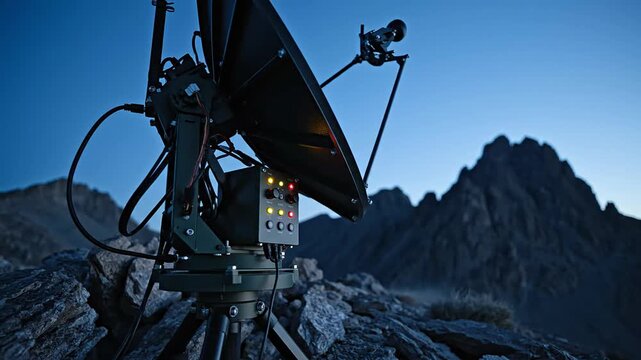 Professional tactical satellite communications antenna setup on rocky mountain terrain at dusk.