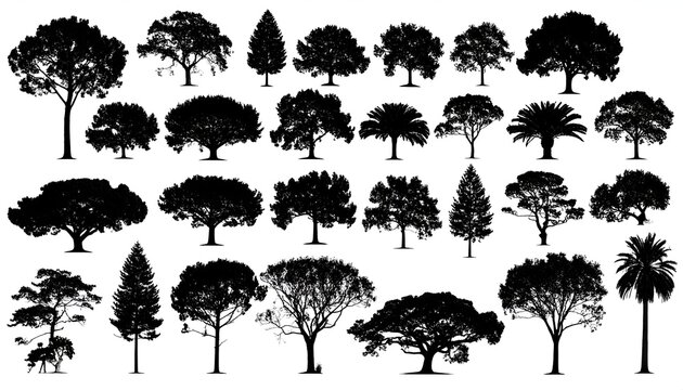 Silhouetted trees of varying shapes and sizes arranged in neat rows