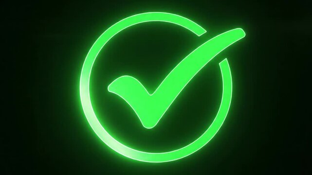 A vibrant neon green checkmark icon, digitally rendered with a striking glow effect, signifies successful validation against a dark black background.