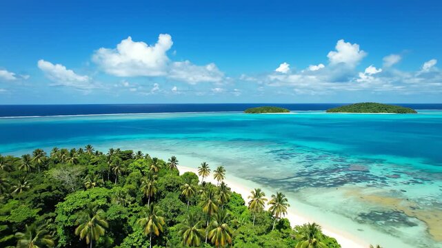 Idyllic deep blue water and lush palm trees define the remote tropical island paradise, captured in a vibrant aerial wide shot.