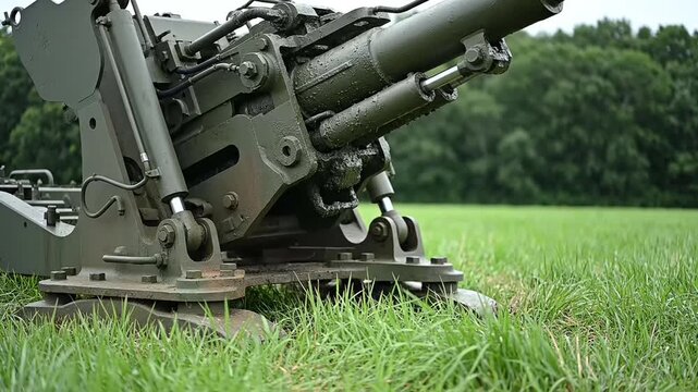 Close-up view of heavy military howitzer artillery cannon deployed in green grassy field ready for defense operation and combat drill