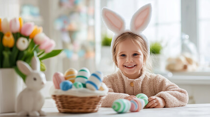 Naklejka premium Happy little girl wears bunny ears and enjoys playing with bright Easter eggs at a sunny table Generative AI