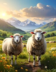 Obraz premium Two sheep standing in a vibrant green meadow with a mountain backdrop