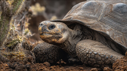 Obraz premium Galápagos Tortoise Resting in Dry Volcanic Scrubland