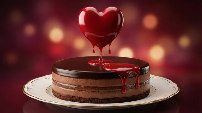 Valentine Chocolate Cake with Floating Melting Red Heart 3D Romantic Dessert Concept